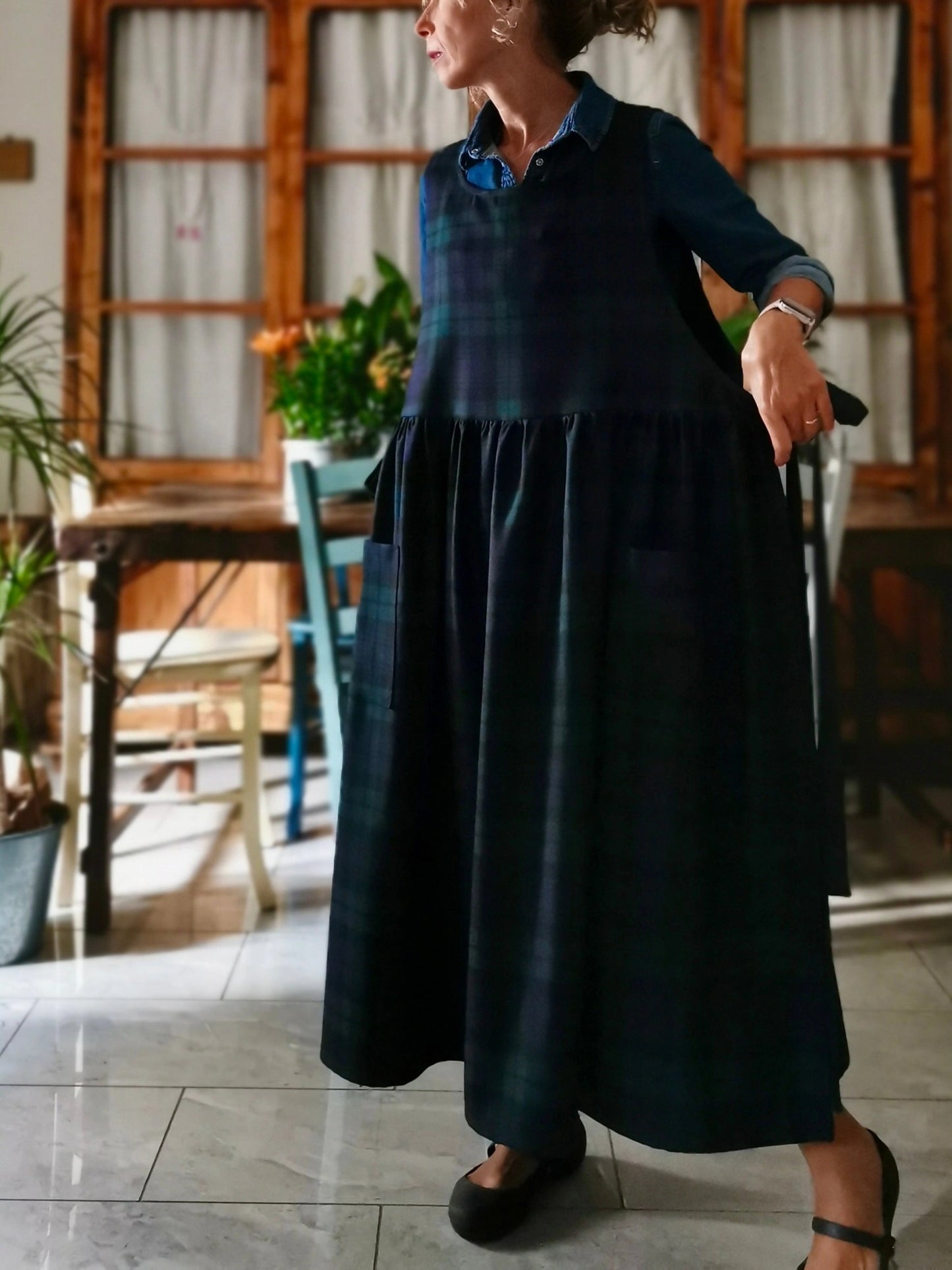 Vintage Deep Dark Green & Blue Plaid Long Apron & Dress (2-in-1)