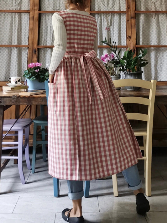 Vintage Pink Gingham Long Apron & Dress (2-in-1)
