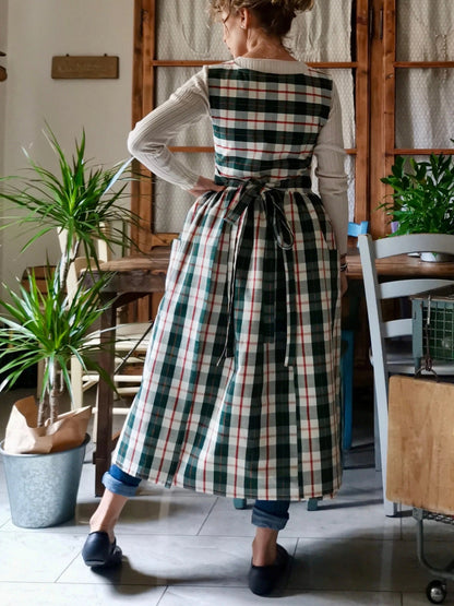 Vintage Green-Red-White Plaid Long Apron & Dress (2-in-1)