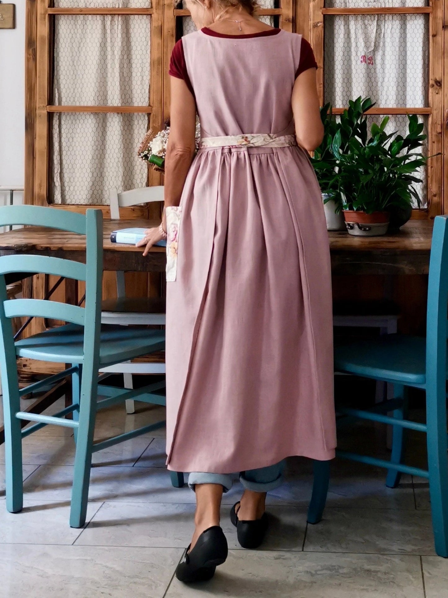 Vintage Light Pink Solid Apron & Dress (2-in-1) with Floral Pocket Patchwork
