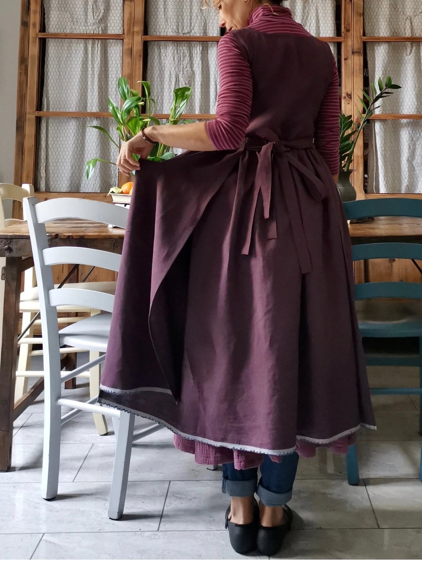 Vintage Deep Purple Solid Long Apron & Dress (2-in-1)