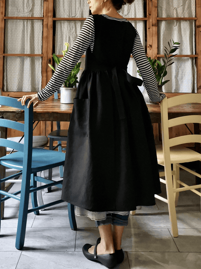 Vintage Solid Black Long Minimalist Apron & Dress (2-in-1)