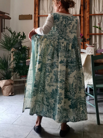 Vintage Teal Base Pastoral Landscape Print Long Apron & Dress (2-in-1)