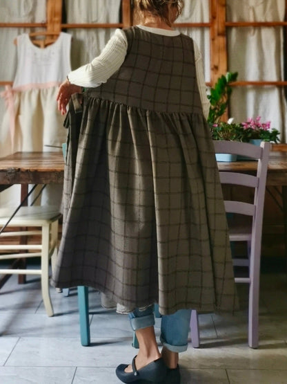 Vintage Brown Tone Plaid Long Apron & Dress (2-in-1)