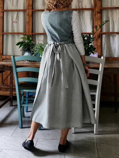Vintage Grey Textured & Light Gray Plaid Patchwork Long Apron & Dress (2-in-1)