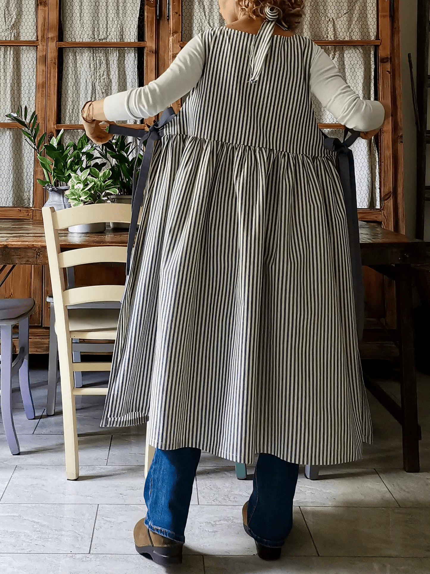 Vintage Dark Blue Thin Stripe Long Apron & Dress (2-in-1)