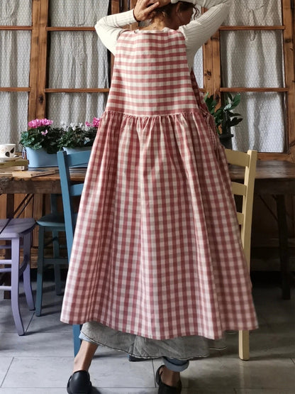 Vintage Pink Gingham Long Apron & Dress (2-in-1)