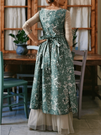 Vintage Grey Green Floral Print Long Apron & Dress (2-in-1) with Pockets