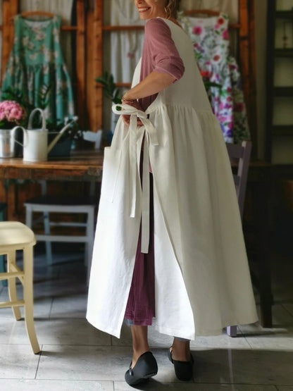 Vintage Off-White Solid Long Apron & Dress (2-in-1)