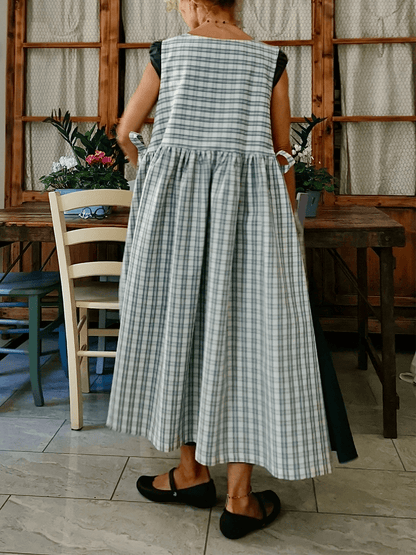 Vintage Light Blue & Cream Thin Plaid Long Apron & Dress (2-in-1)