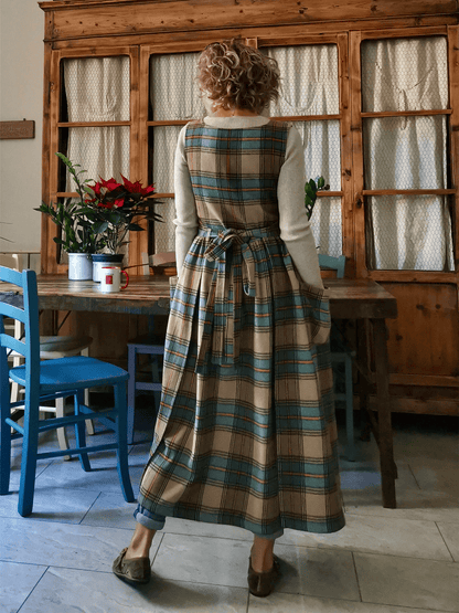 Vintage Light Khaki Blue & Brown Plaid Long Apron & Dress (2-in-1)