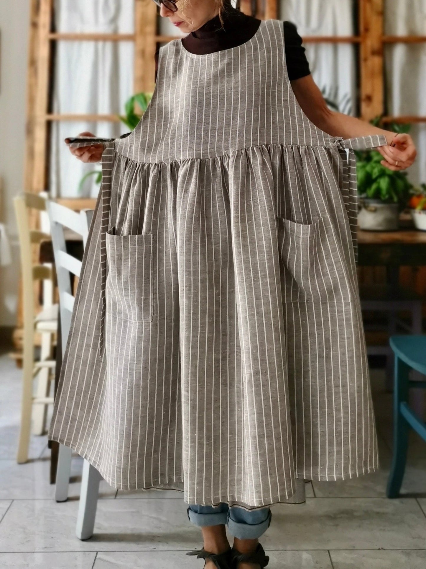 Vintage Light Brown Thin Vertical Stripe Long Apron & Dress (2-in-1)