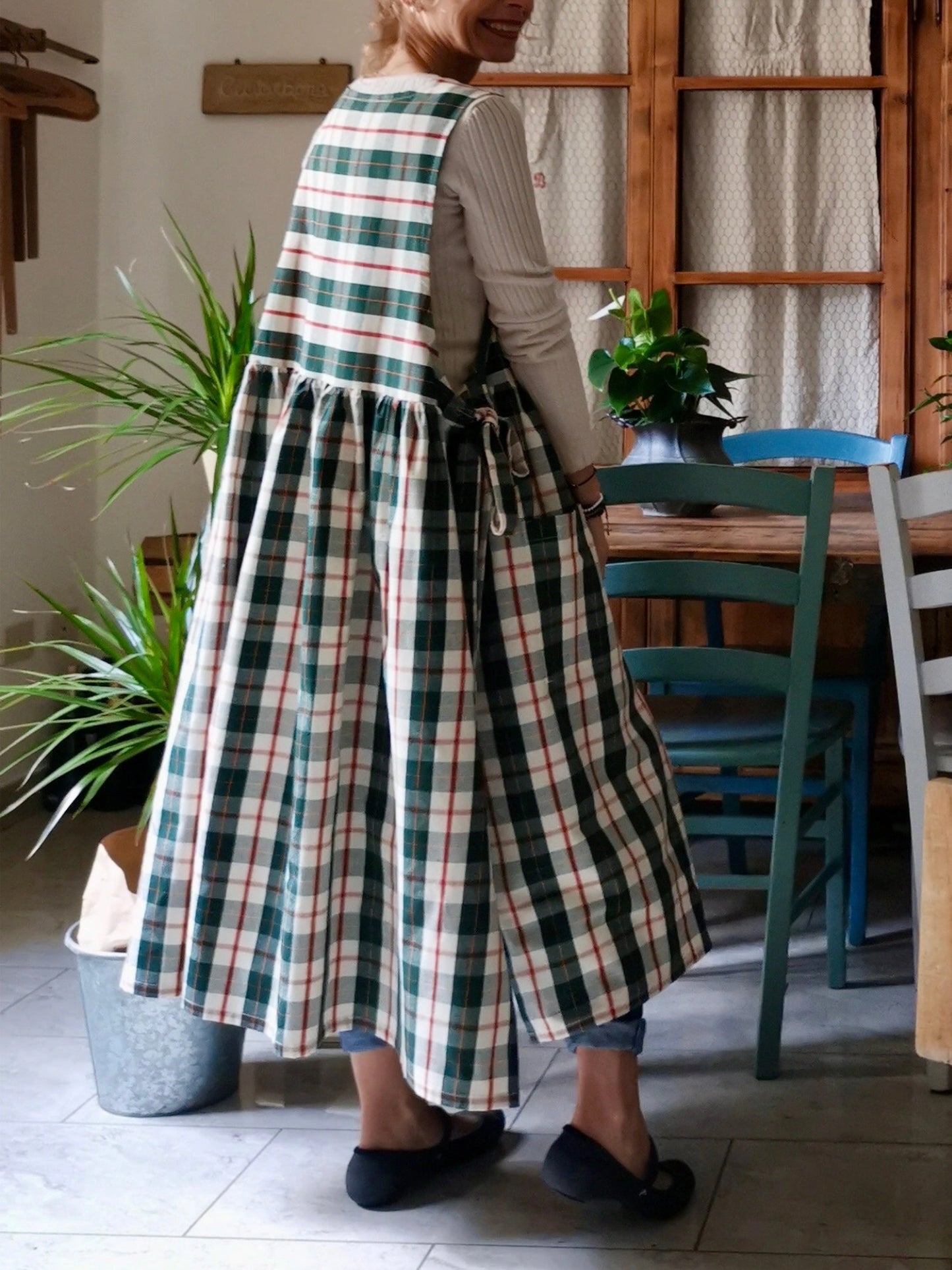 Vintage Green-Red-White Plaid Long Apron & Dress (2-in-1)