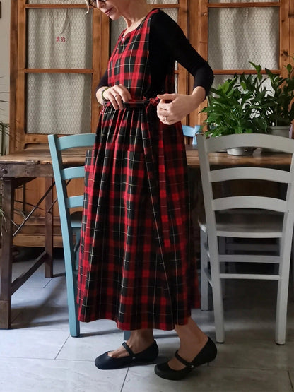 Vintage Red & Black Plaid Long Apron & Dress (2-in-1) with Large Pockets