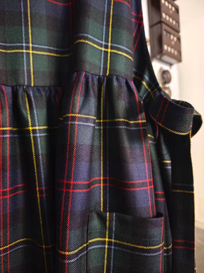 Vintage Navy Blue Base Red & Yellow Thin Plaid Long Apron & Dress (2-in-1)