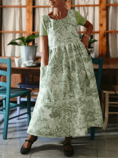 Vintage Light Green Base Pastoral Figure & Plant Print Long Apron & Dress (2-in-1)