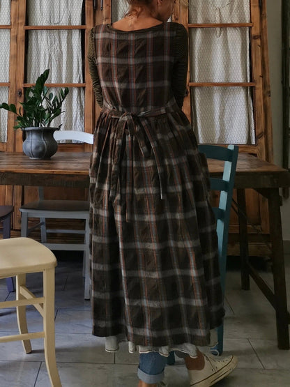 Vintage Dark Brown & Gray Plaid Long Apron & Dress (2-in-1)