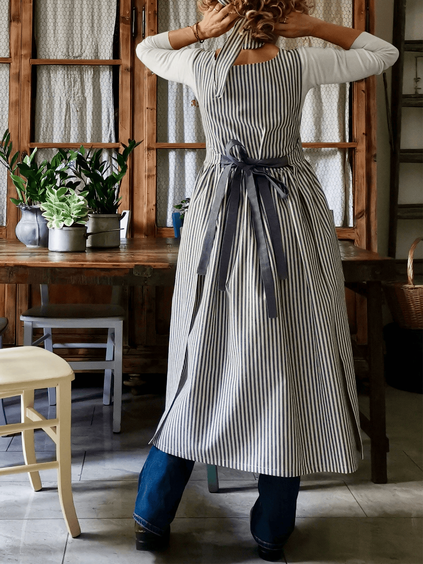 Vintage Dark Blue Thin Stripe Long Apron & Dress (2-in-1)