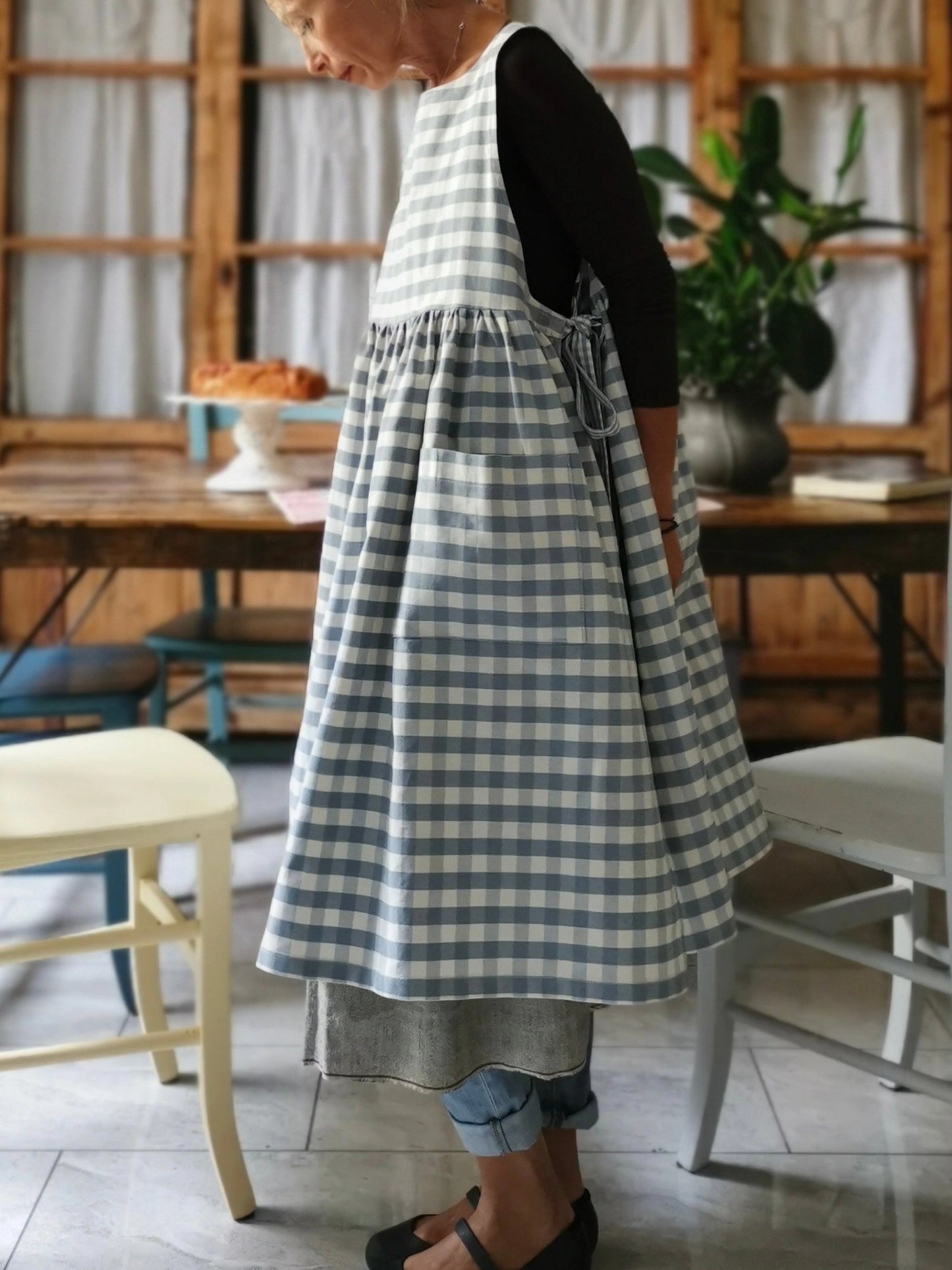 Vintage Light Blue & White Gingham Apron & Dress (2-in-1)
