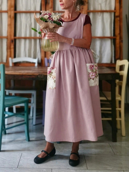Vintage Light Pink Solid Apron & Dress (2-in-1) with Floral Pocket Patchwork