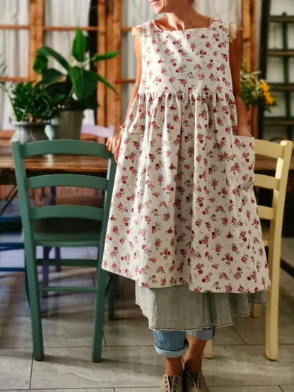 Vintage Beige Base Pink Floral Print Long Apron & Dress (2-in-1)