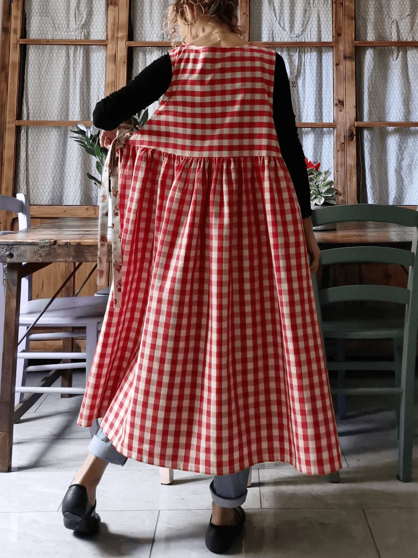 Vintage Red & White Plaid Long Apron & Dress (2-in-1) with Floral Pockets