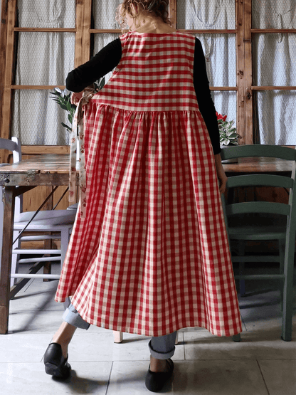 Vintage Red & White Plaid Long Apron & Dress (2-in-1) with Floral Pockets