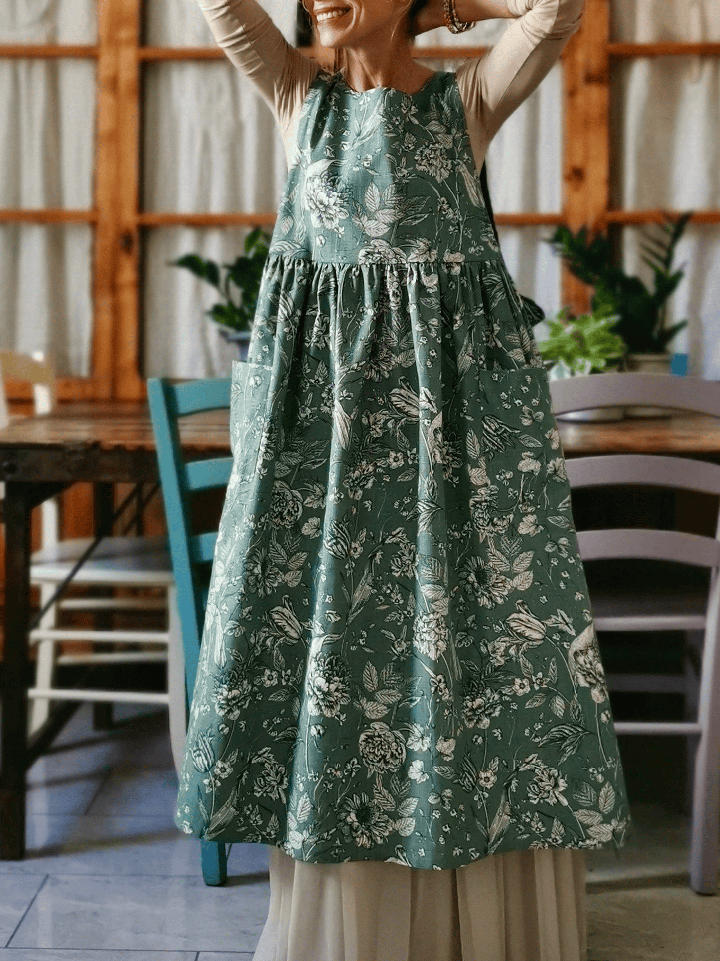 Vintage Grey Green Floral Print Long Apron & Dress (2-in-1) with Pockets