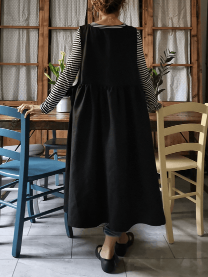 Vintage Solid Black Long Minimalist Apron & Dress (2-in-1)