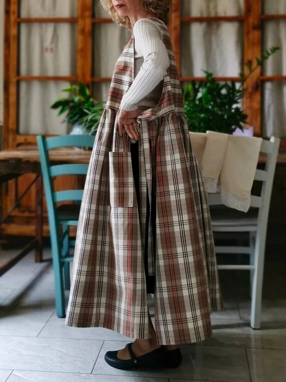 Vintage Brown-Tone Plaid Long Apron & Dress (2-in-1) with Red Stripes & Large Pockets
