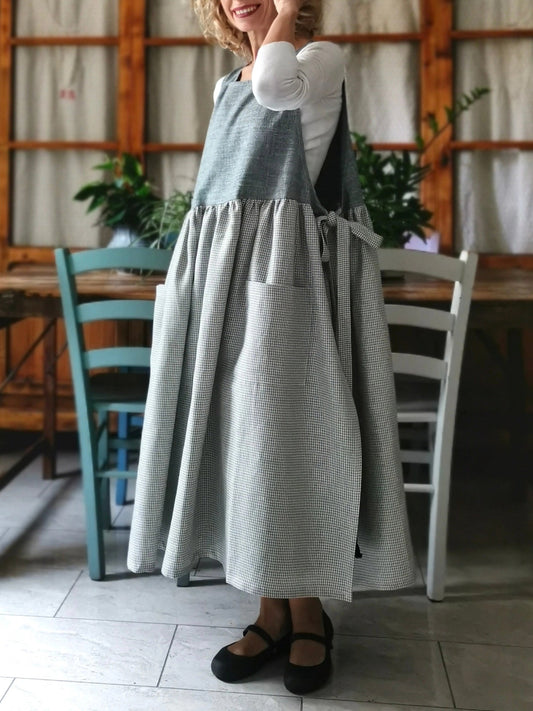Vintage Grey Textured & Light Gray Plaid Patchwork Long Apron & Dress (2-in-1)