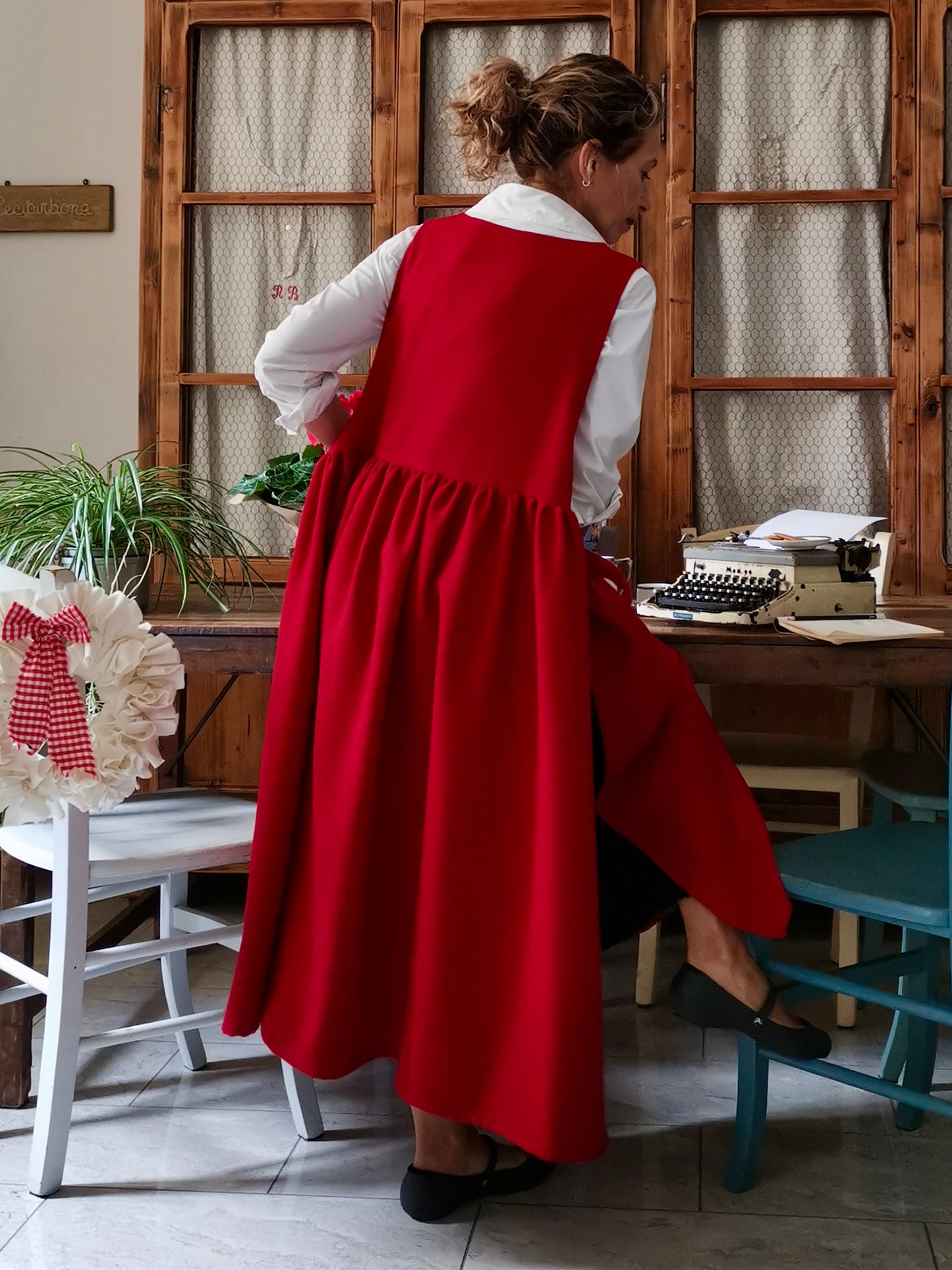 Vintage Red Apron & Dress (2-in-1) with Pockets
