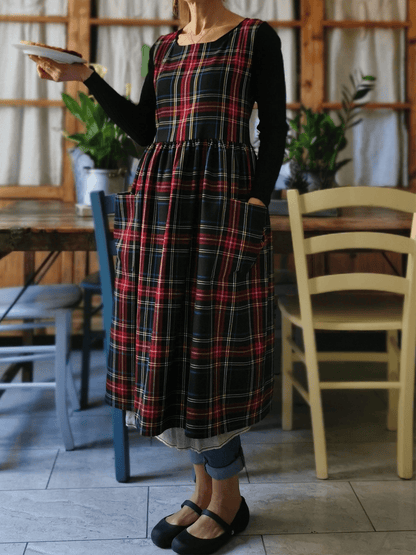 Vintage Black Base Red-Blue-Yellow Plaid Long Apron & Dress (2-in-1)