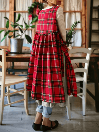 Vintage Red & Black Plaid Long Apron & Dress (2-in-1)