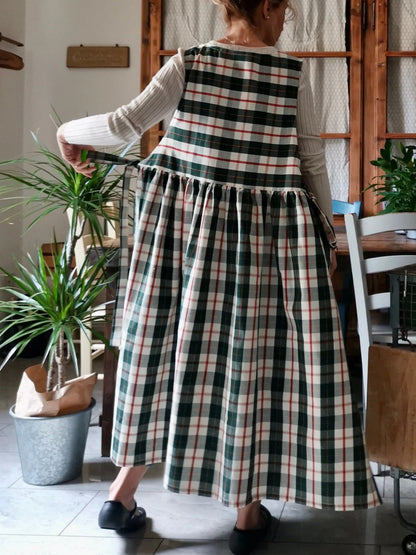 Vintage Green-Red-White Plaid Long Apron & Dress (2-in-1)