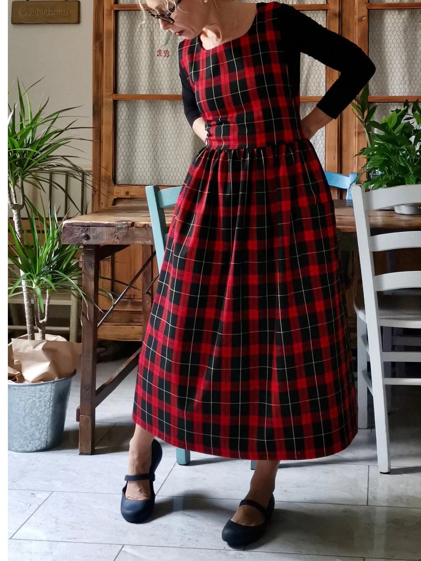 Vintage Red & Black Plaid Long Apron & Dress (2-in-1) with Large Pockets