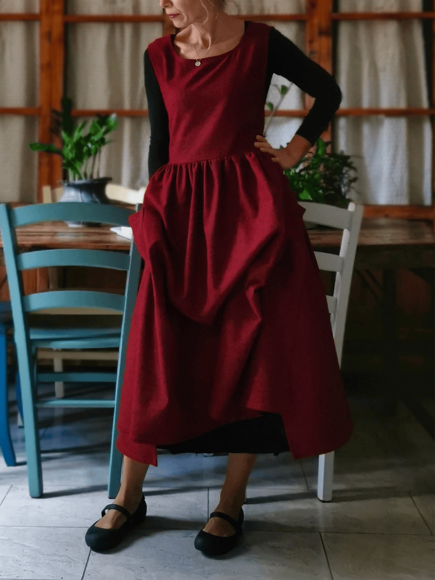 Vintage Burgundy Solid Long Apron & Dress (2-in-1)
