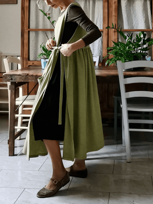 Vintage Olive Green Solid Long Apron & Dress (2-in-1)